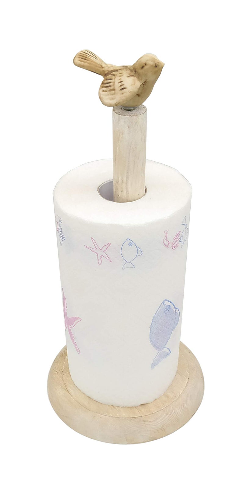 Owlgift Bird Design Shabby Whitewashed Wood Paper Towel Holder Stand Up Paper Towel Holder, Easy One-Handed Tear Kitchen Paper Towel Dispenser with Weighted Base for Standard Paper Towel Rolls - Image 2